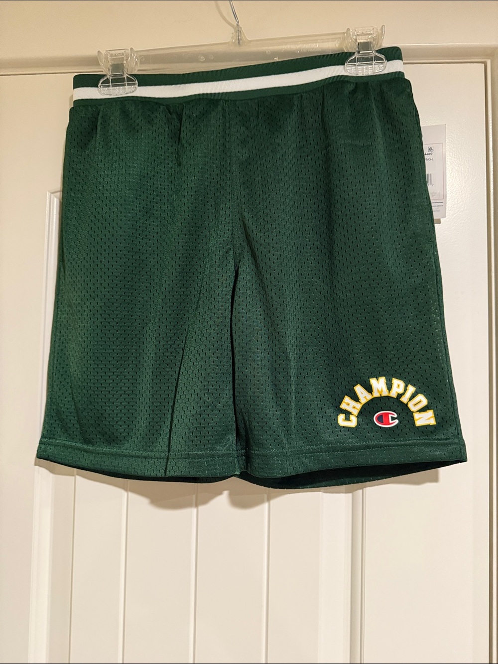 Champion Dark Green Mesh Athletic Shorts with Yellow Logo